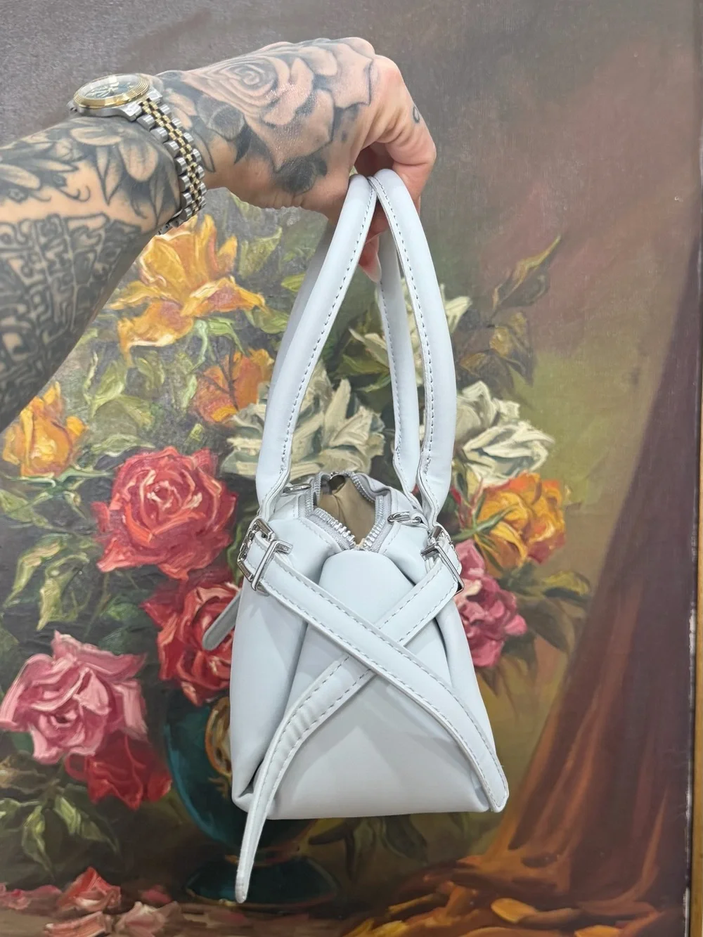 Classic Faux Leather Satchel Handbag- in light gray + extension for cross body